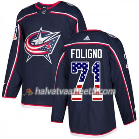 Miesten NHL Blue Jackets Pelipaita Nick Foligno 71 Adidas 2017-2018 MarineSininen USA Flag Fashion Authentic